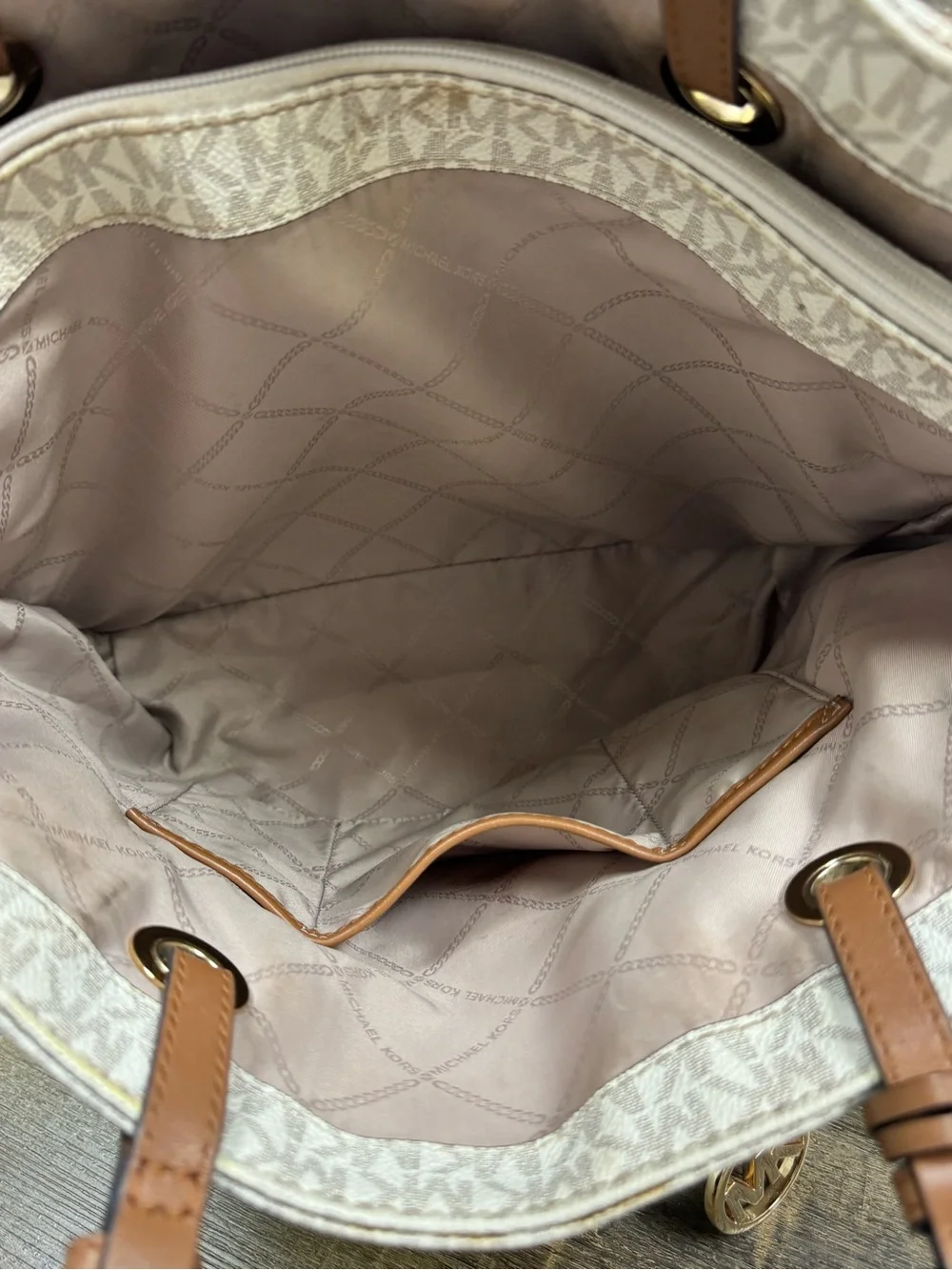 Michael Kors Cream Logo Tote Bag with Tan Leather Straps Minor Flaws Med Size